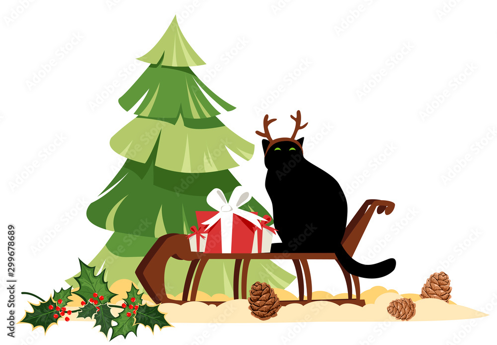 Fototapeta premium Christmas illustration. cat with deer antlers on a sleigh. vector image