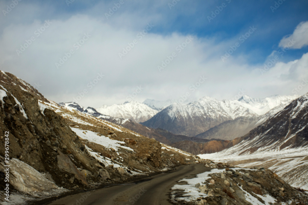 View landscape with Himalayas mountains range between Khardung La road pass go to Nubra Valley in Hunder city while winter season at Leh Ladakh in Jammu and Kashmir, India