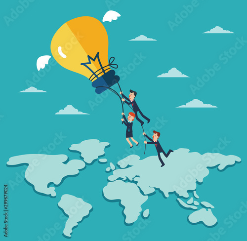 Business people try to catch flying idea