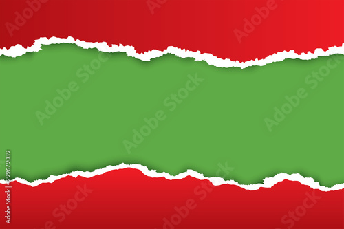 Christmas red ripped paper background with green color place for your text.