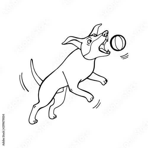 Funny cute dog playing with a ball. My best friend. Vector hand draw illustration