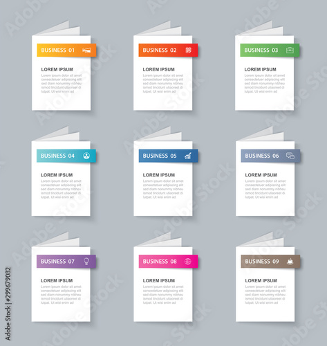 Business infographics book template with 9 data. Can be used for workflow layout, diagram, number options, web design, presentations
