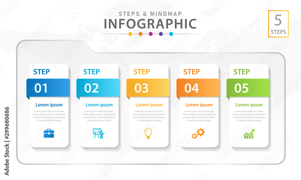 Infographic template for business. 5 Steps Modern Mindmap diagram with boxes, presentation vector infographic.