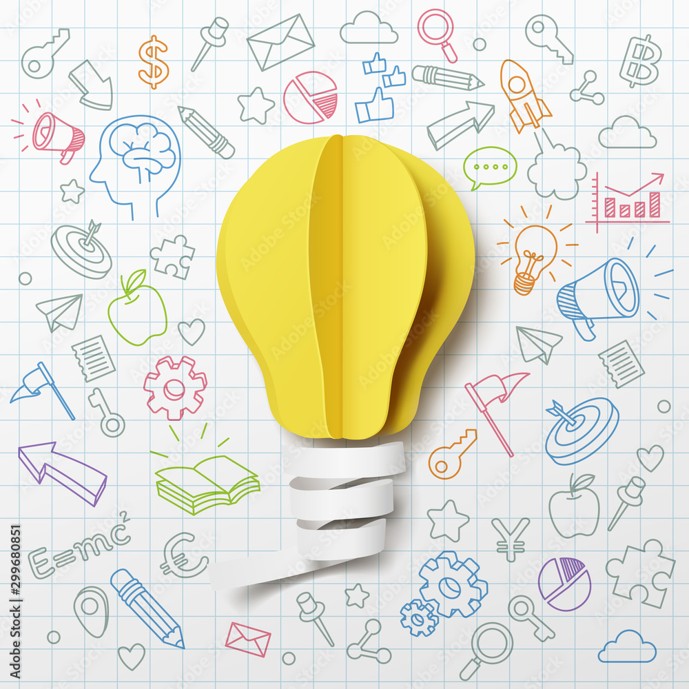 Paper art of light bulb creative doodle icons background