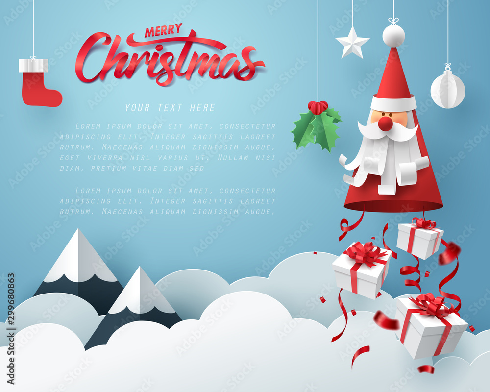 Paper art of Gift box dropping from Santa Claus