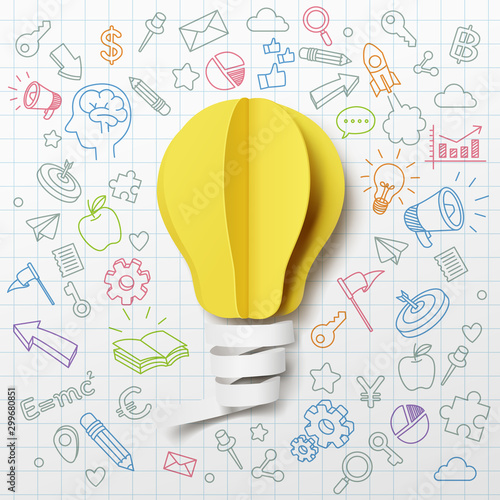 Obraz na płótnie Paper art of light bulb creative doodle icons background w salonie