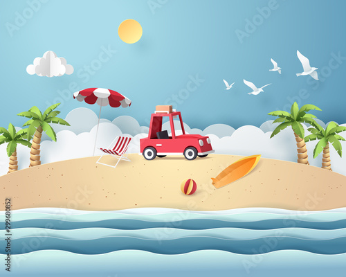 Paper art of red car park at beach