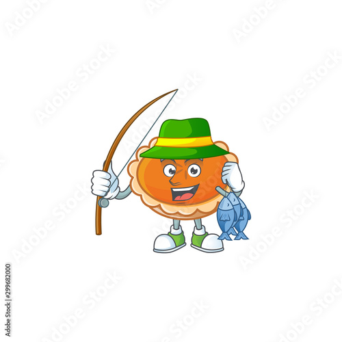 orange pie with fishing character on white background.
