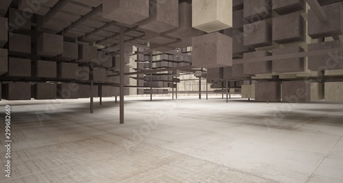 Abstract architectural concrete interior from an array of white cubes with large windows. 3D illustration and rendering.