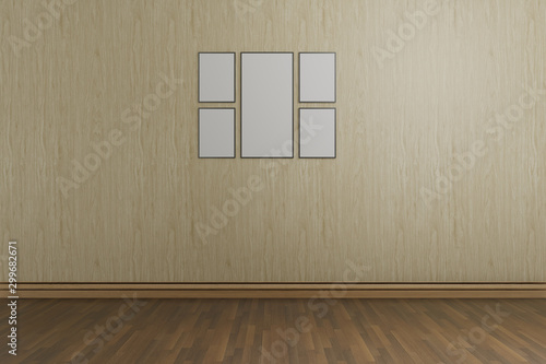 empty room with beige wooden wall and parquet floor, 3d render background © CREATIVE WONDER