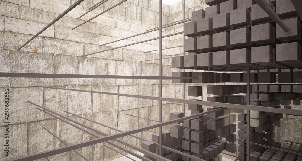 Abstract architectural concrete interior from an array of white cubes with large windows. 3D illustration and rendering. Abstract architectural concrete interior from an array of white cubes with large windows. 3D illustration and rendering.
