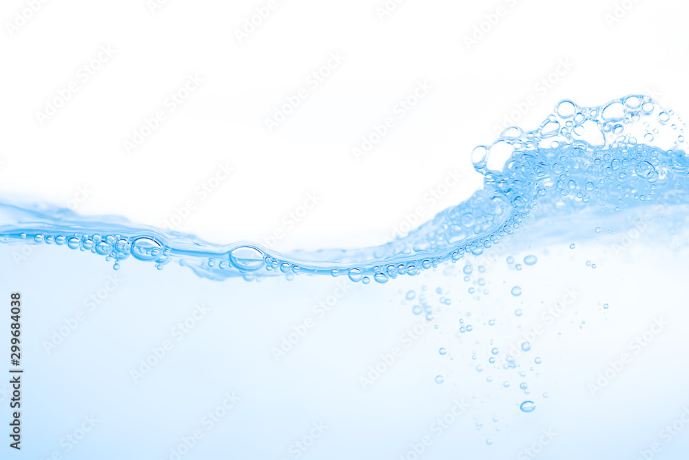 Water splash Aqua flowing in waves and creating bubbles Drops on the water surface feel fresh and clean isolated on white background