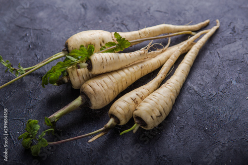 Bundle of fresh organic parsnip  over gray texture background. photo