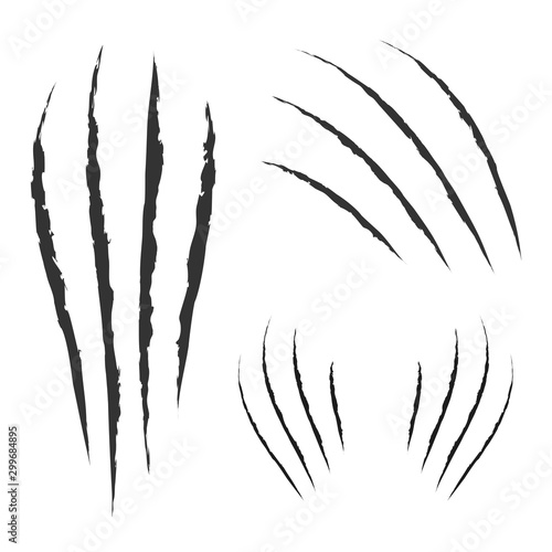 Black claws animal scratch scrape track. Cat tiger scratches paw shape. Four nails trace. Funny design element. Flat design. White background. Isolated. Vector illustration.