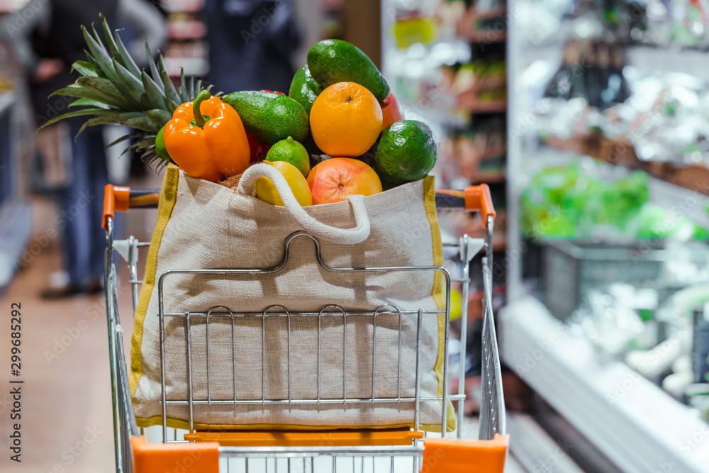 Eco bag with different fruits and vegetables. Shopping in the supermarket. Eco bag with different fruits and vegetables. Shopping in the supermarket.