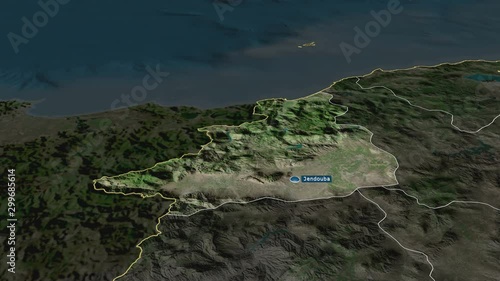 Jendouba - governorate of Tunisia with its capital zoomed on the satellite map of the globe. Animation 3D photo