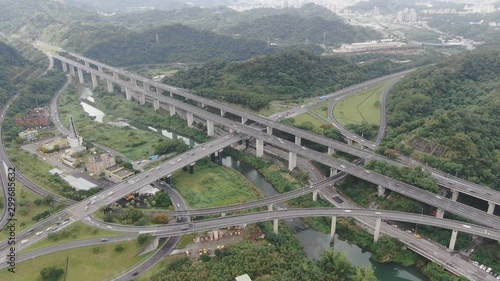 Aerial view of the road junction, road bridge, in a village in Guizhou Province. The infrastructure of China. photo