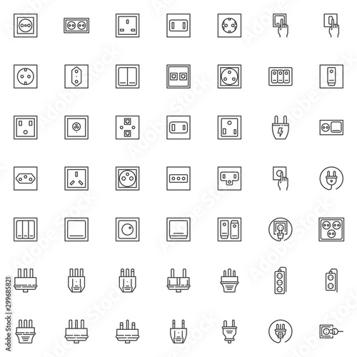 Electric plug and socket line icons set. linear style symbols collection outline signs pack. vector graphics. Set includes icons as power switches type, electrical socket, toggle switch, turn on light