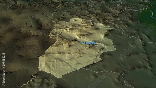 Kassérine - governorate of Tunisia with its capital zoomed on the physical map of the globe. Animation 3D photo