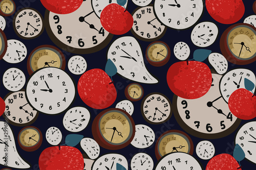 Surreal elegant seamless print. Vector pattern with red apples and clock in Salvador Dali style on dark blue background. Vector. Creative fashion design. Modern vintage.
