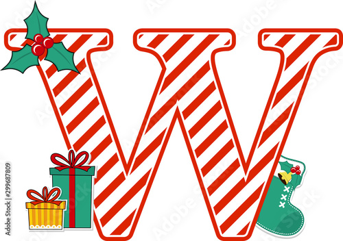 capital letter w with red and white candy cane pattern and christmas design elements isolated on white background. can be used for holiday season card, nursery decoration or christmas paty invitation