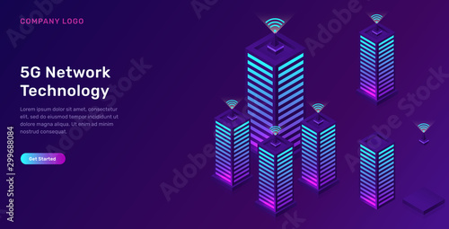 Smart city, wireless network technology, isometric concept vector illustration. Tall buildings with symbol wireless internet isolated on ultraviolet background. High speed internet web page