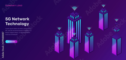 Smart city, wireless network technology, isometric concept vector illustration. Tall buildings with symbol wireless internet isolated on ultraviolet background. High speed internet web page