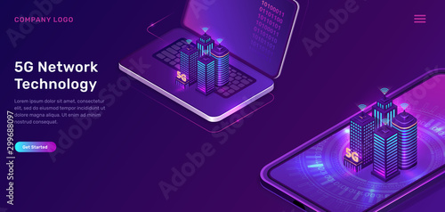 5G network technology, isometric concept vector illustration. Smart city, buildings with symbol wireless internet, mobile phone, laptop isolated on ultraviolet background. High speed internet web page