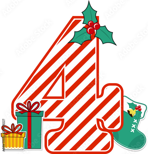 number 4 with red and white candy cane pattern and christmas design elements isolated on white background. can be used for holiday season card, nursery decoration or christmas paty invitation
