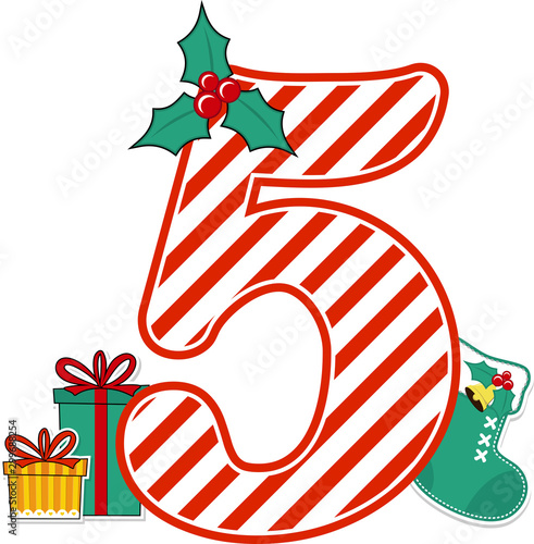 number 5 with red and white candy cane pattern and christmas design elements isolated on white background. can be used for holiday season card, nursery decoration or christmas paty invitation