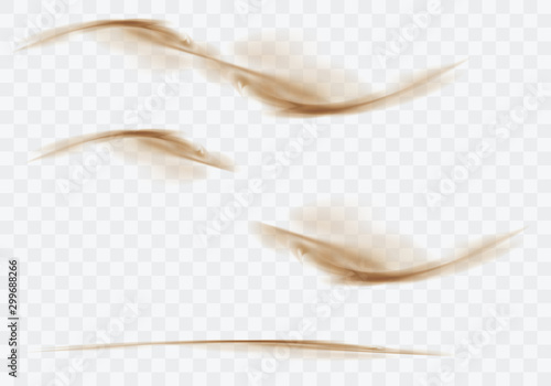 Desert sandstorm set, brown dusty clouds or dry sand flying with gust of wind, explosion collection realistic texture vector illustration isolated on transparent background