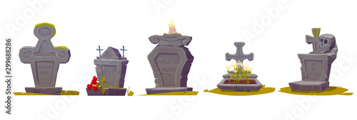 Tombstone with RIP inscription, old texture and green moss, cartoon vector. Gravestones with crosses, burning candles, flowers and a human skull, halloween illustration isolated on white background