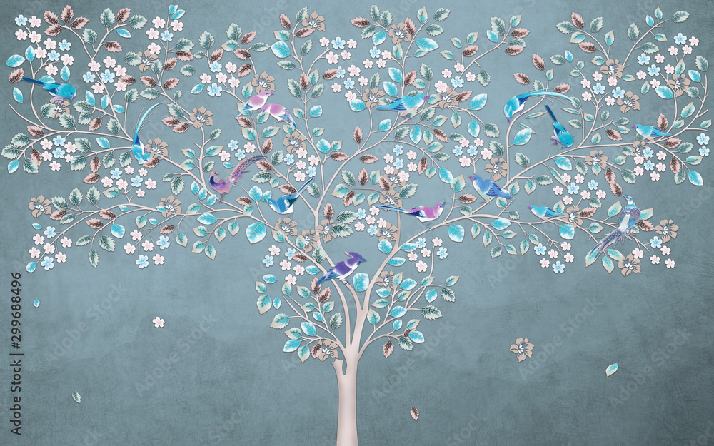 Dreamlike thin flowering tree with blue and green leaves and birds sitting on branches against a dark spotty background - obrazy, fototapety, plakaty 
