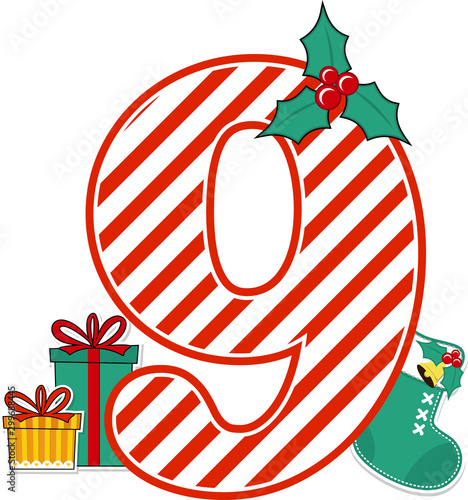 number 9 with red and white candy cane pattern and christmas design elements isolated on white background. can be used for holiday season card, nursery decoration or christmas paty invitation