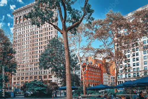 Flatiron Building on 5th Avenue near Madison Square Park. Urban views of New York.