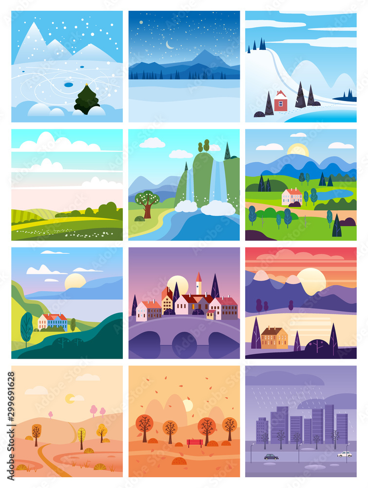 Naklejka premium Calendar set landscape winter, spring, summer, autumn in flat minimal simple style