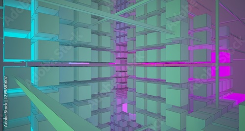 Abstract architectural white interior from an array of white cubes with color gradient neon lighting. 3D illustration and rendering.