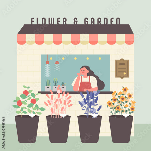 Flower shop and owner. vector design illustrations.