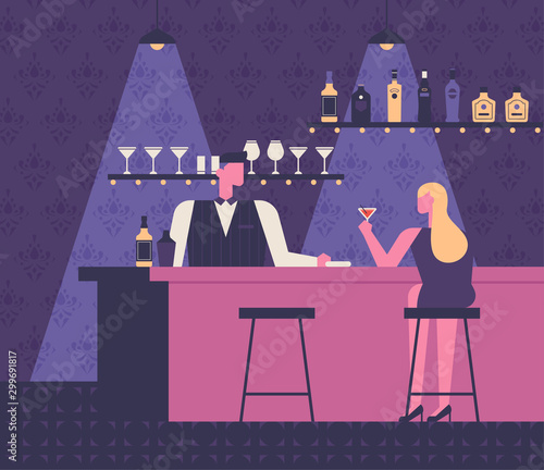 Bartender and female guests in a dark wine bar. vector design illustrations.
