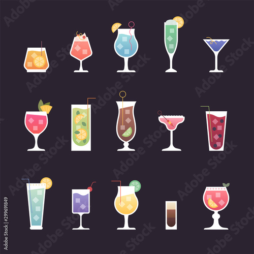Cocktails in different shape glasses. vector design illustrations.
