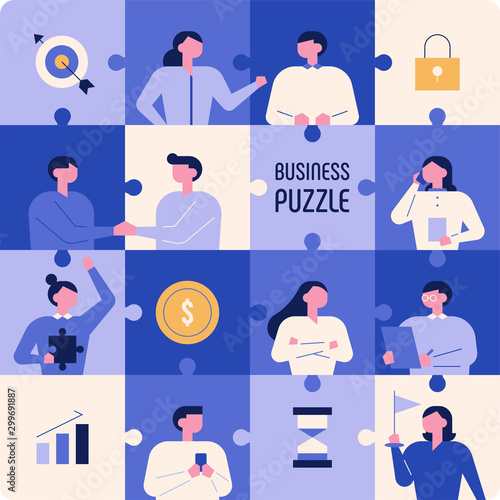 The people in each section of the puzzle are talking to each other. vector design illustrations.