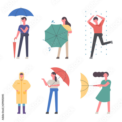 People wearing umbrellas on a rainy day. Tall proportion character. vector design illustrations.