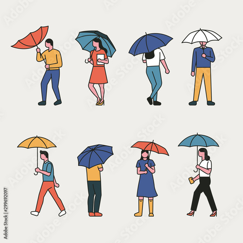 People in the street wearing umbrellas. Outline style character source. vector design illustrations.