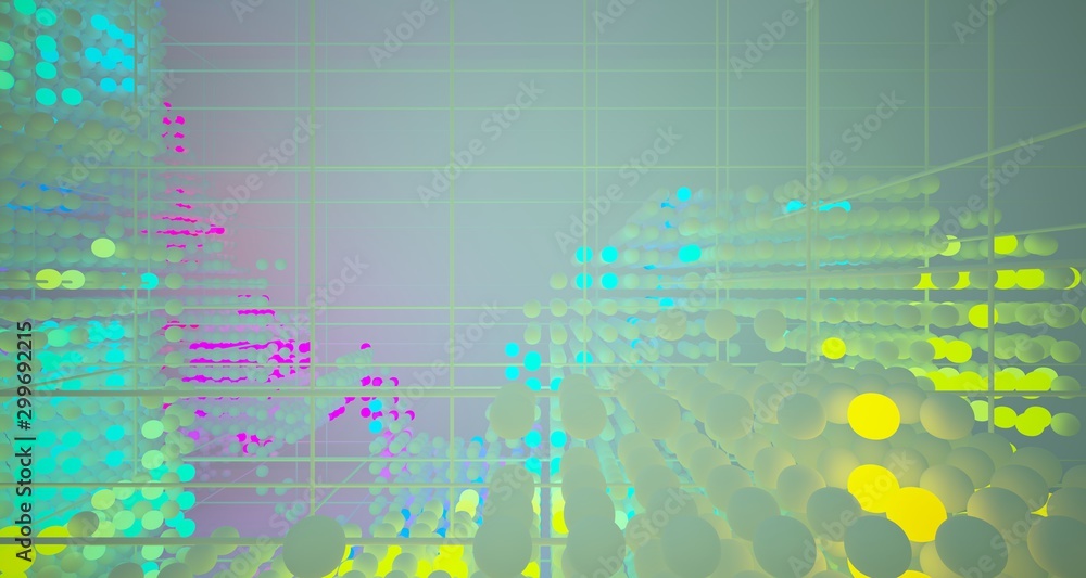 Abstract architectural smooth white interior  from an array of white spheres with with color gradient neon lighting. 3D illustration and rendering.