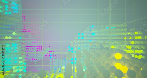 Abstract architectural smooth white interior from an array of white spheres with with color gradient neon lighting. 3D illustration and rendering.