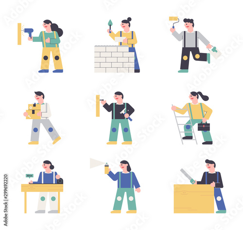 Workers characters in work clothes and construction work. vector design illustrations.