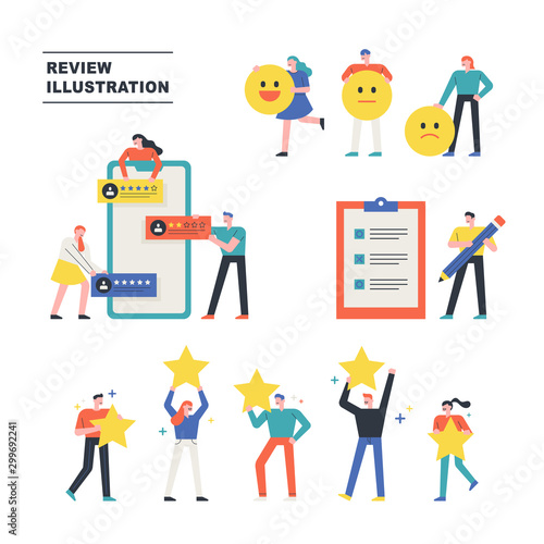 Customer character holding stars and facial expression emoticons and rating the service. vector design illustrations.