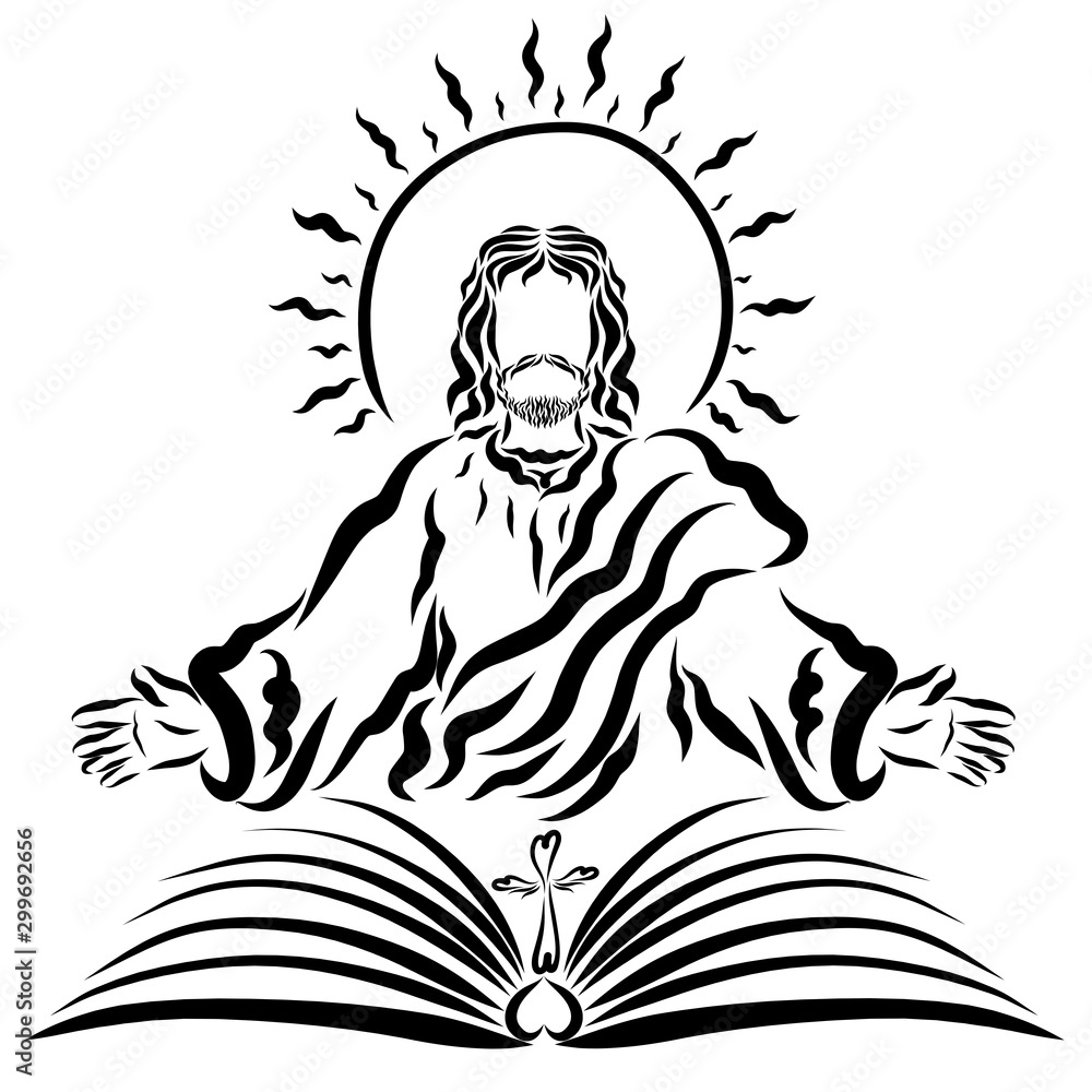 Jesus with the shining sun in front of an open book with a cross