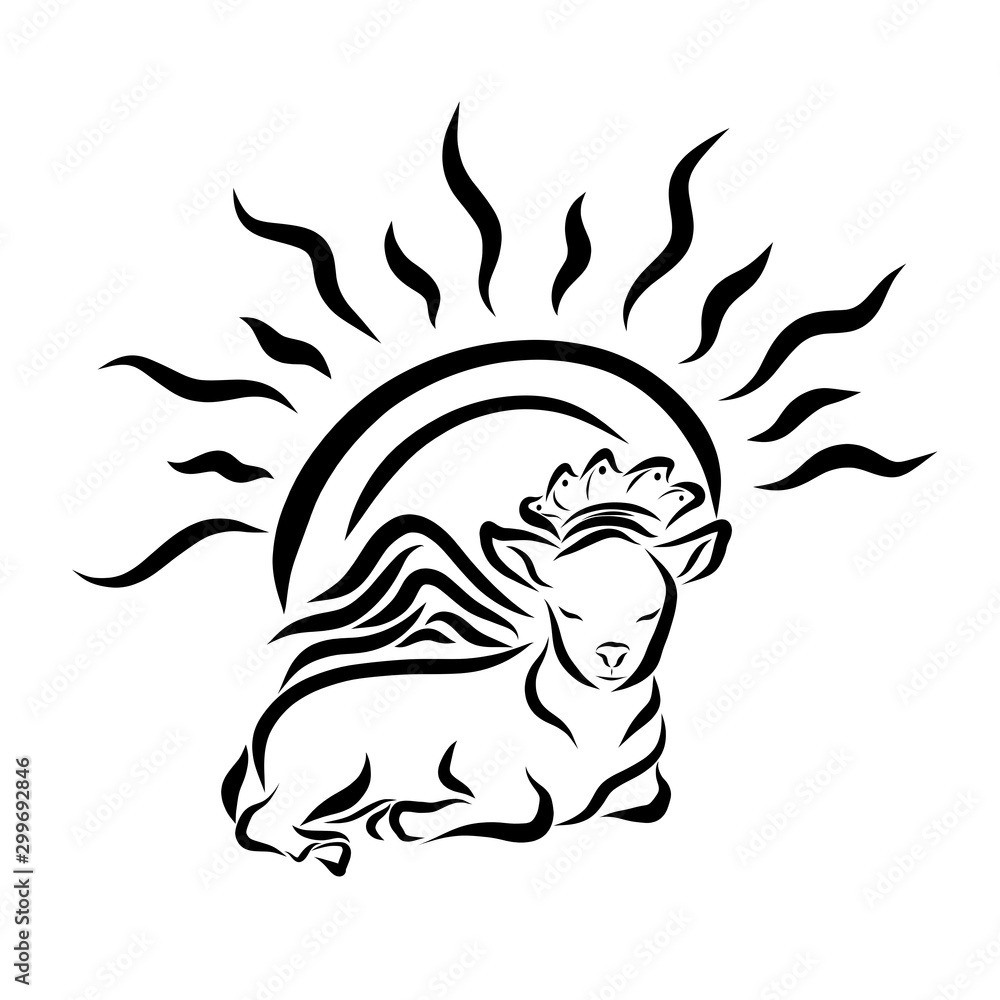 The shining sun behind the winged lamb in the crown