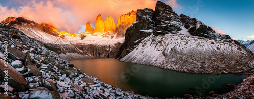 Sunrise over the three Peaks forming the Torres del paine, Patagonia, Chile